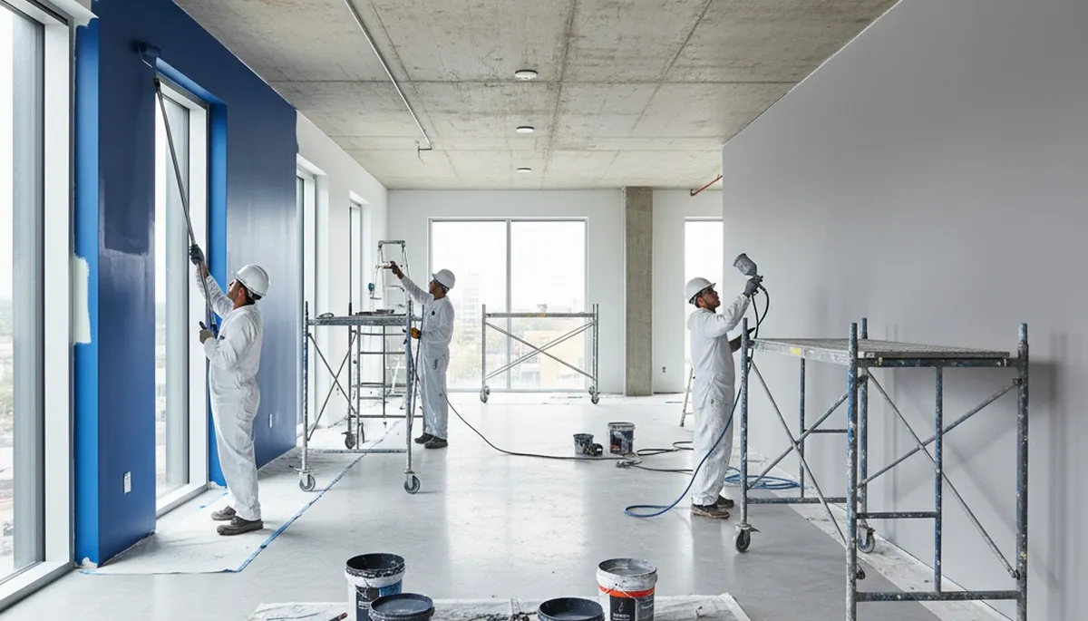 Aurora, CO commercial painters applying durable exterior coating to a business building