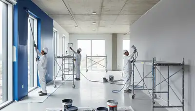 Aurora, CO commercial painters applying durable exterior coating to a business building