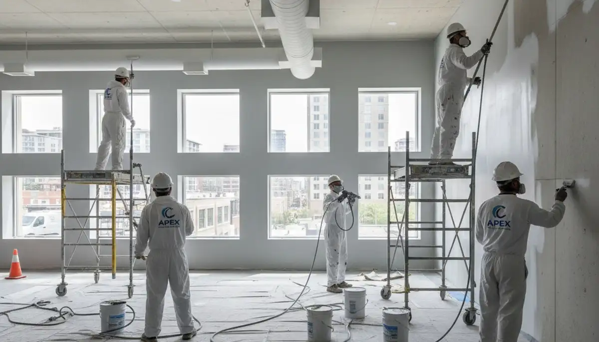 Aurora, CO commercial painters applying durable exterior coating for local business protection