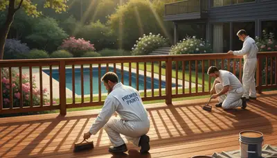 Aurora Paint Pros staining a wood deck in Aurora, CO for weather protection