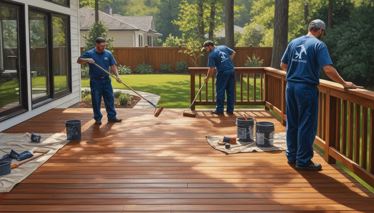 Aurora Paint Pros staining a wood deck in Aurora, CO for UV and weather protection
