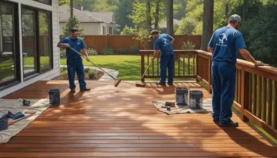 Aurora Paint Pros staining a wood deck in Aurora, CO for UV and weather protection
