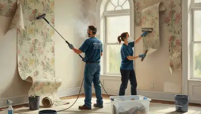 Aurora, CO painters removing wallpaper and preparing walls for a smooth paint finish