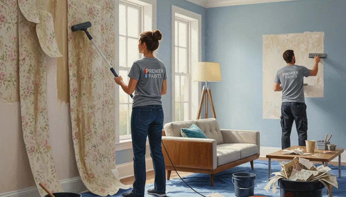 Aurora Paint Pros removing old wallpaper in Aurora, CO and preparing walls for painting