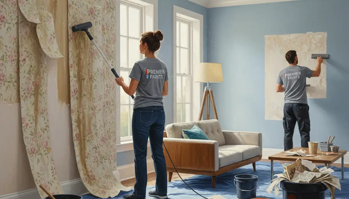 Aurora Paint Pros removing old wallpaper in Aurora, CO and preparing walls for painting